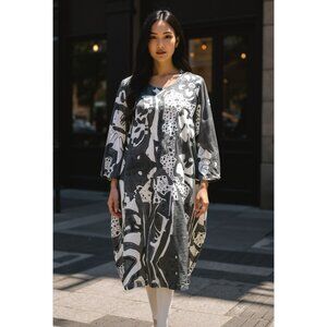 Grizas Gray and White Artsy Print Bamboo/Silk Lantern Dress Size Large Lagenlook